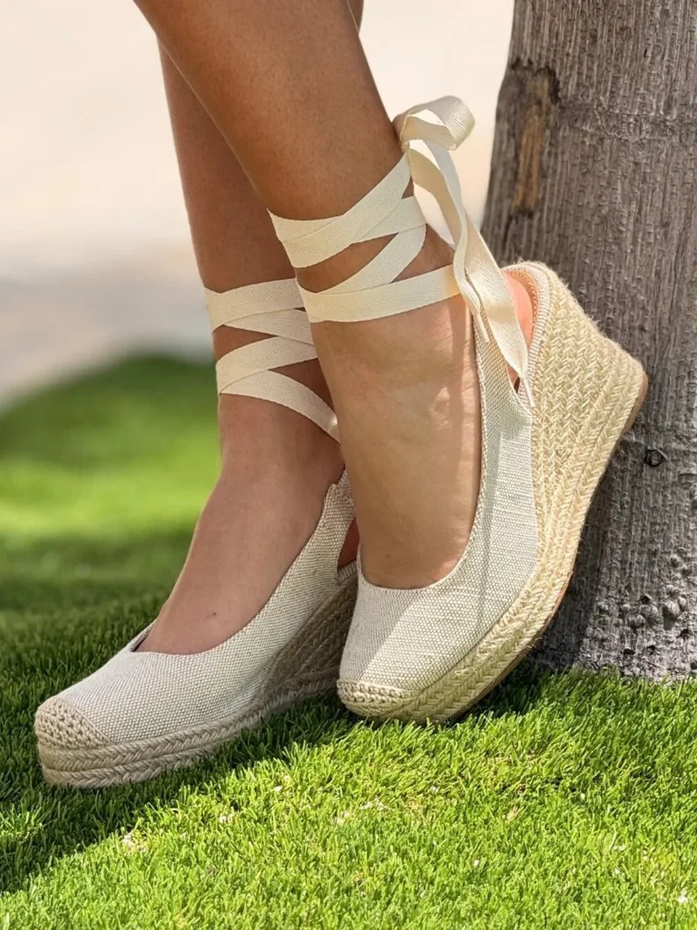 New Beige Crochet Lace-Up Boho Espadrille Raffia Jute Sandal Platform Wedge Heel